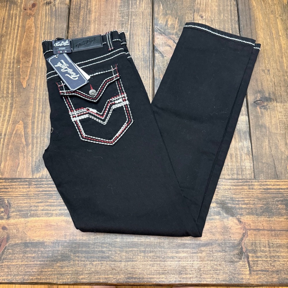 True Luck Mens Straight Leg Black Jeans Contrast Thick Stitch‎ 32x32 NWT